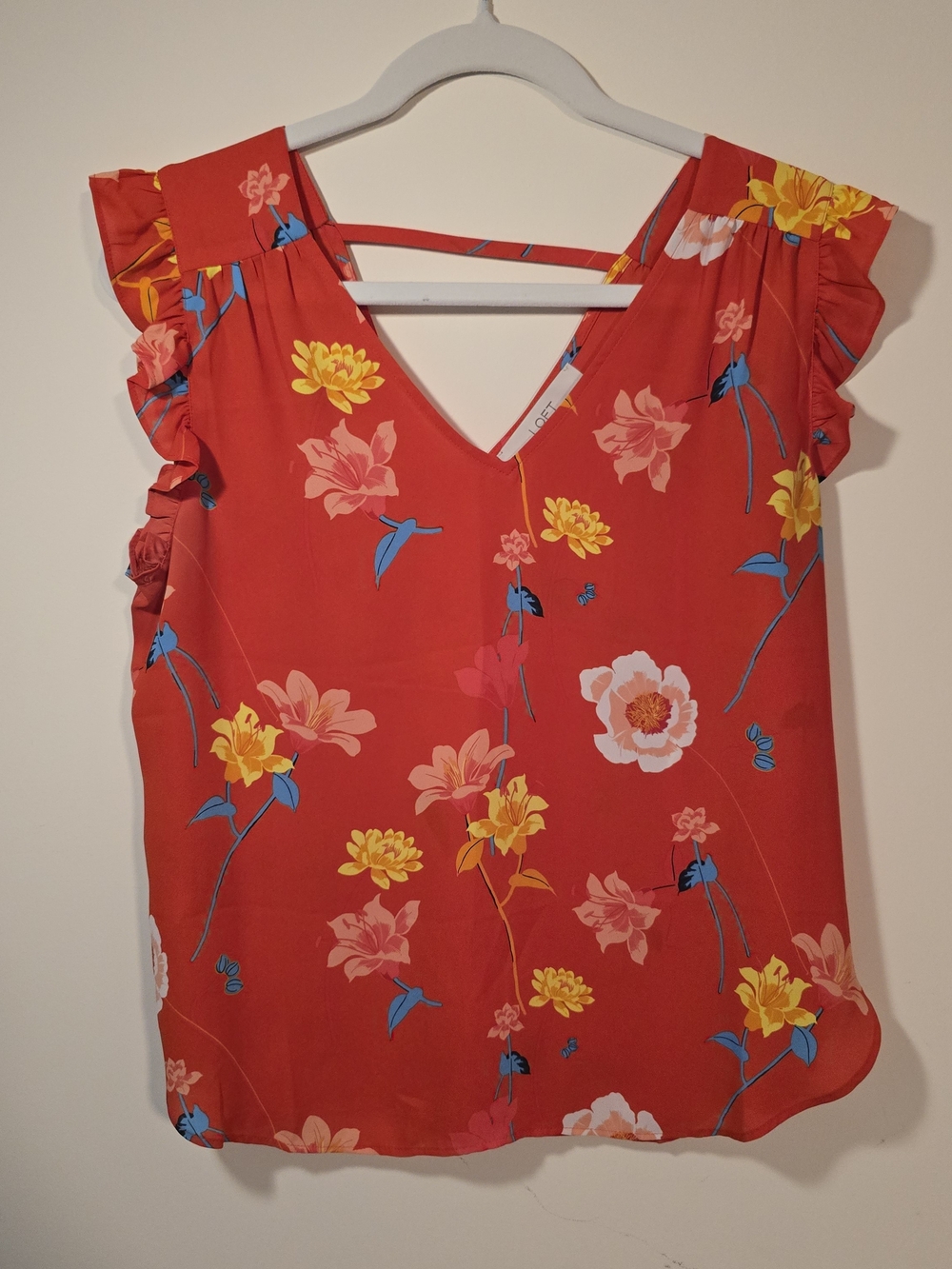 LOFT Floral Red V-Neck Ruffle Sleeve Women's Top